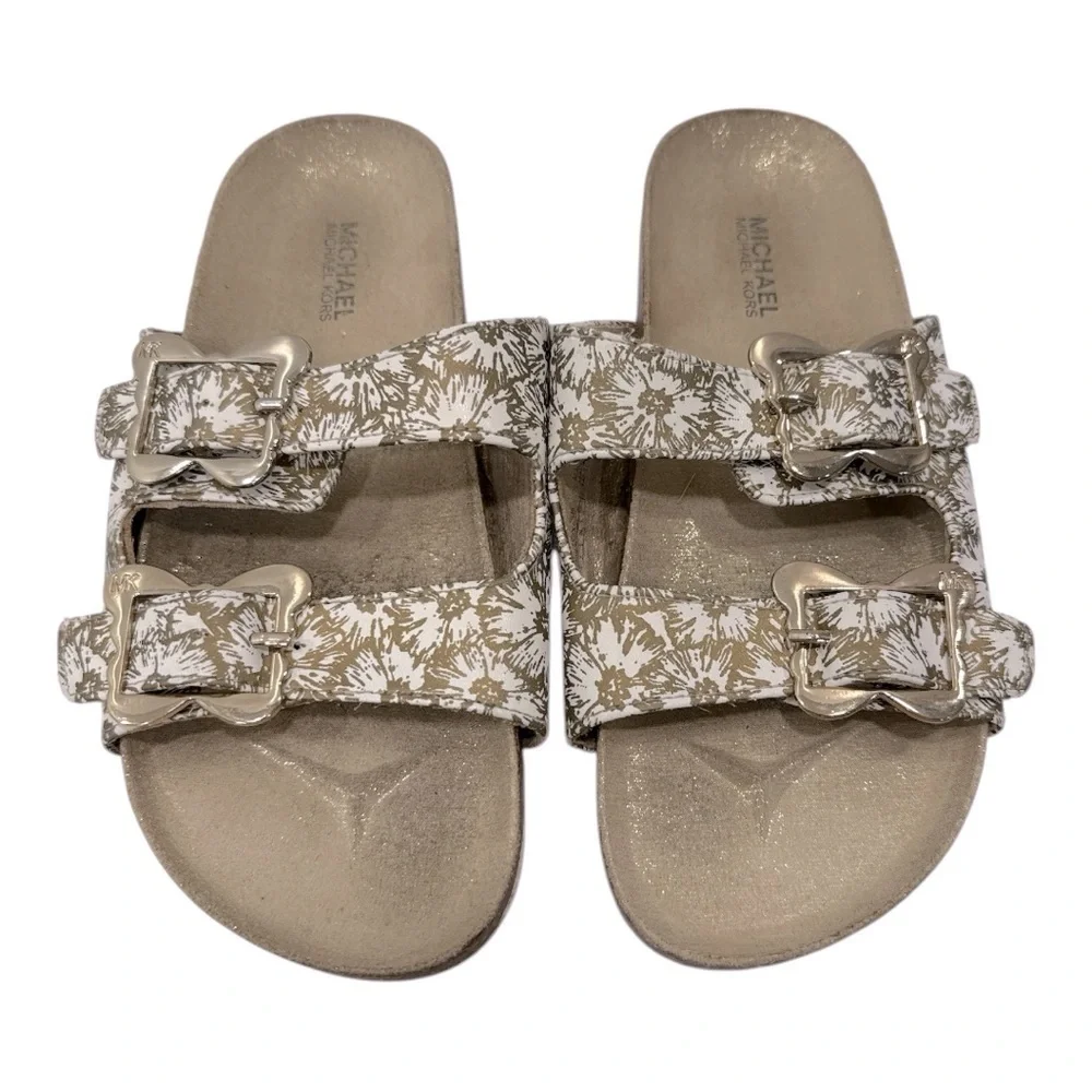 Michael Kors Sandals Youth 3 Double Buckle Strap Slide White Gold Flats Slip On